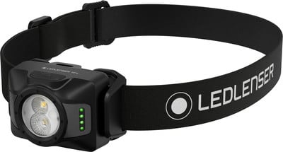 Schwarze Ledlenser Stirnlampe mit verstellbarem Band und Batterieanzeige. Schwarze Ledlenser Stirnlampe mit verstellbarem Band und Batterieanzeige.