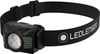 Schwarze Ledlenser Stirnlampe mit verstellbarem Band und Batterieanzeige.