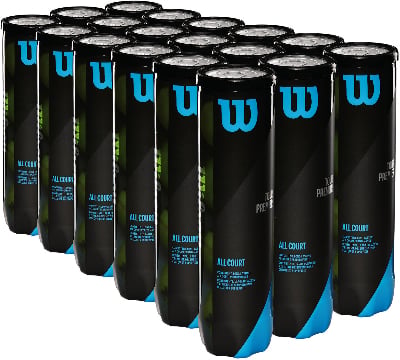 Mehrere schwarze Tuben mit Wilson All Court Tour Premier Tennisbällen. Mehrere schwarze Tuben mit Wilson All Court Tour Premier Tennisbällen.