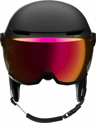 Schwarzer Skihelm mit integrierter verspiegelter Visier in Rottönen. Schwarzer Skihelm mit integrierter verspiegelter Visier in Rottönen.