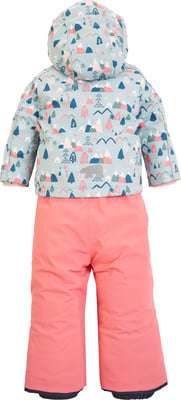 Rückansicht einer Kinder-Skijacke und -hose mit Berg- und Baumdruck. Rückansicht einer Kinder-Skijacke und -hose mit Berg- und Baumdruck.