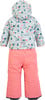 Rückansicht einer Kinder-Skijacke und -hose mit Berg- und Baumdruck.