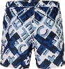Badehose mit blauem und weißem Buchstabenmuster.