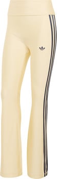 Damen-hellgelbe Adidas-Hose mit dunkelblauen Streifen und Logo.