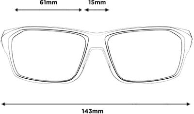 Nákres okuliarov s rozmermi 61 mm, 15 mm a 143 mm.