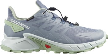 Grauer Salomon Laufschuh mit blauen und grünen Akzenten und Schnellverschluss.