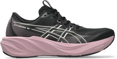 Schwarze Laufschuhe mit rosafarbenen Sohlen und weißen Streifen.