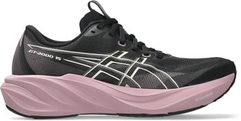Schwarze Laufschuhe mit rosafarbenen Sohlen und weißen Streifen.