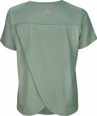 Grünes T-Shirt mit kurzen Ärmeln und perforiertem oberem Rücken. Grünes T-Shirt mit kurzen Ärmeln und perforiertem oberem Rücken.