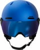 Ein blauer Alpina Skihelm mit blauem Spiegelvisier und Riemen.