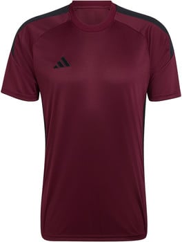 Herren-Weinrot-T-Shirt von Adidas mit schwarzen Details an den Schultern und Logo.
