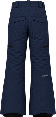 Rückansicht einer dunkelblauen Skihose mit Taschen und Logo. Rückansicht einer dunkelblauen Skihose mit Taschen und Logo.