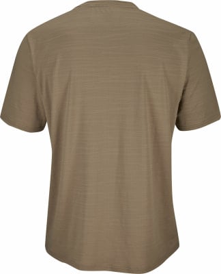 Rückansicht eines khaki Kurzarm-T-Shirts mit feinem Muster. Rückansicht eines khaki Kurzarm-T-Shirts mit feinem Muster.