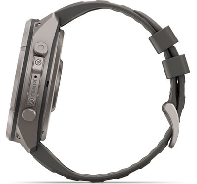 Detail der Seite einer Smartwatch mit Knöpfen und Armband.