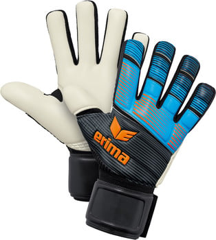 Erima Torwarthandschuhe mit weißem und blau-orangefarbenem Teil.