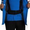 Blaue Skijacke mit schwarzer Latzhose und Reißverschlussdetails.