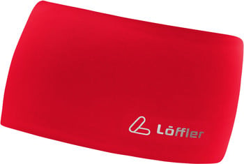 Ein rotes Laufstirnband mit Löffler-Logo auf der rechten Seite.