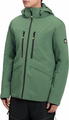 Grüne Herren-Winterjacke mit Kapuze, schwarzen Reißverschlüssen und gelben Details.