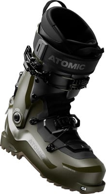Grüner Atomic Skitourenschuh mit schwarzen Schnallen und Logo. Grüner Atomic Skitourenschuh mit schwarzen Schnallen und Logo.