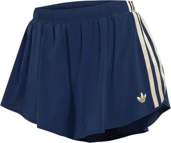 Damen-Shorts von Adidas in Dunkelblau mit beige Streifen und Logo.