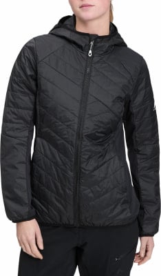 Schwarze Damen-Steppjacke mit Kapuze und Reißverschluss. Schwarze Damen-Steppjacke mit Kapuze und Reißverschluss.