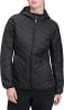 Schwarze Damen-Steppjacke mit Kapuze und Reißverschluss.