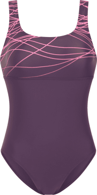 Lila Badeanzug mit abstraktem rosa Muster im oberen Bereich. Lila Badeanzug mit abstraktem rosa Muster im oberen Bereich.
