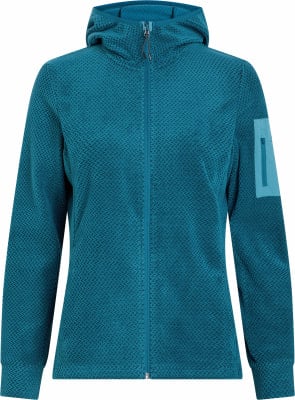 Damen-Fleecejacke in Blaugrün mit Reißverschluss und Kapuze, strukturiert. Damen-Fleecejacke in Blaugrün mit Reißverschluss und Kapuze, strukturiert.