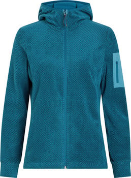 Damen-Fleecejacke in Blaugrün mit Reißverschluss und Kapuze, strukturiert.
