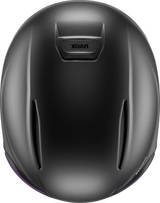Schwarzer Helm mit Uvex-Logo oben, Ansicht von oben. Schwarzer Helm mit Uvex-Logo oben, Ansicht von oben.