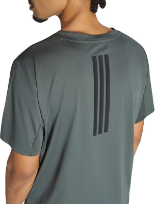 Rückansicht eines Mannes in einem dunkelgrauen T-Shirt mit schwarzen Streifen auf dem Rücken.