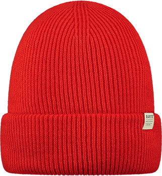 Eine rote Strickmütze mit einem weißen Markenetikett.
