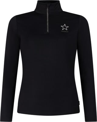 Schwarzes Damen-Langarmshirt mit Stehkragen und Sternenlogo.