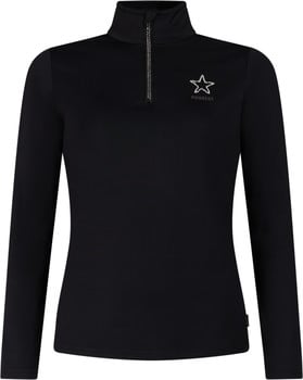 Schwarzes Damen-Langarmshirt mit Stehkragen und Sternenlogo.