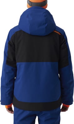 Rückansicht einer blauen Skijacke mit schwarzen Einsätzen und orangefarbenem Logo. Rückansicht einer blauen Skijacke mit schwarzen Einsätzen und orangefarbenem Logo.