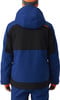 Rückansicht einer blauen Skijacke mit schwarzen Einsätzen und orangefarbenem Logo.