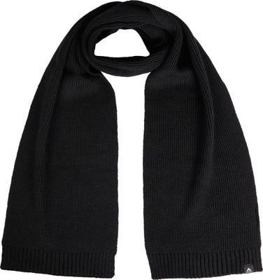 Schwarzer Strickschal mit feinem Rippenmuster und Logo.