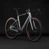 Graues Gravelbike mit breiten Reifen und Scheibenbremsen.