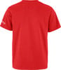 Rotes T-Shirt mit kurzen Ärmeln und einem Logo auf dem linken Ärmel.