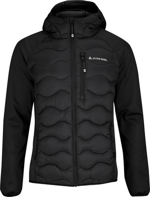 Schwarze gesteppte Kapuzenjacke mit Active Rebel Logo auf der Brust.