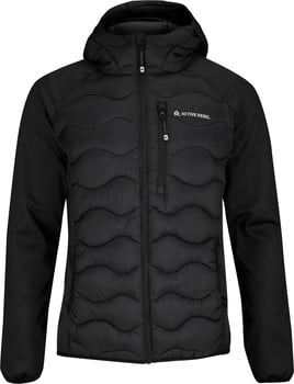 Schwarze gesteppte Kapuzenjacke mit Active Rebel Logo auf der Brust.