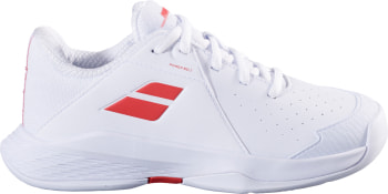 Weißer Tennisschuh mit roten Details und Logo.