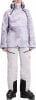 Damen-Skijacke und -hose mit abstraktem Muster und schwarzen Details.