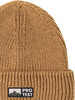 Braune Strickmütze mit Protest-Logo und Bergen.