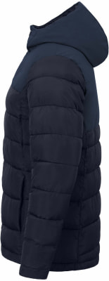 Dunkelblaue Daunenjacke mit Kapuze und gestepptem Design. Dunkelblaue Daunenjacke mit Kapuze und gestepptem Design.
