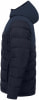 Dunkelblaue Daunenjacke mit Kapuze und gestepptem Design.