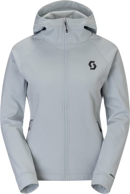 Graue Damenjacke mit Kapuze und schwarzem Logo auf der Brust.