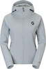 Graue Damenjacke mit Kapuze und schwarzem Logo auf der Brust.
