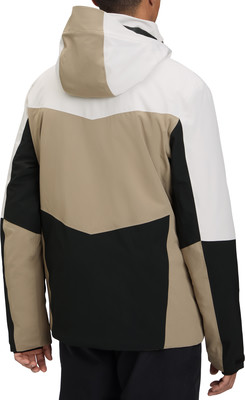 Rückansicht einer Herrenjacke mit Kapuze in Beige, Weiß und Schwarz.