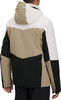 Rückansicht einer Herrenjacke mit Kapuze in Beige, Weiß und Schwarz.
